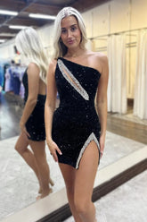 Black Homecoming Dress Sequin One Shoulder Tight Short Prom Dress